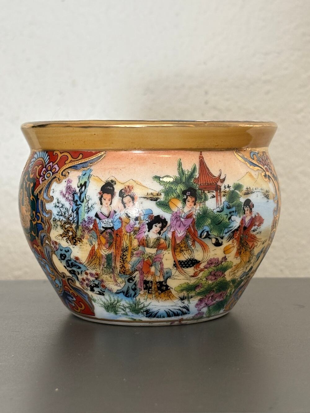 Vintage Hand Painted Ceramic Chinese Satsuma Style Small Fish Bowl Planter